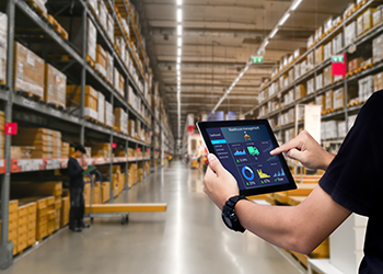 Employee in a secure warehouse managing inventory using a digital device.